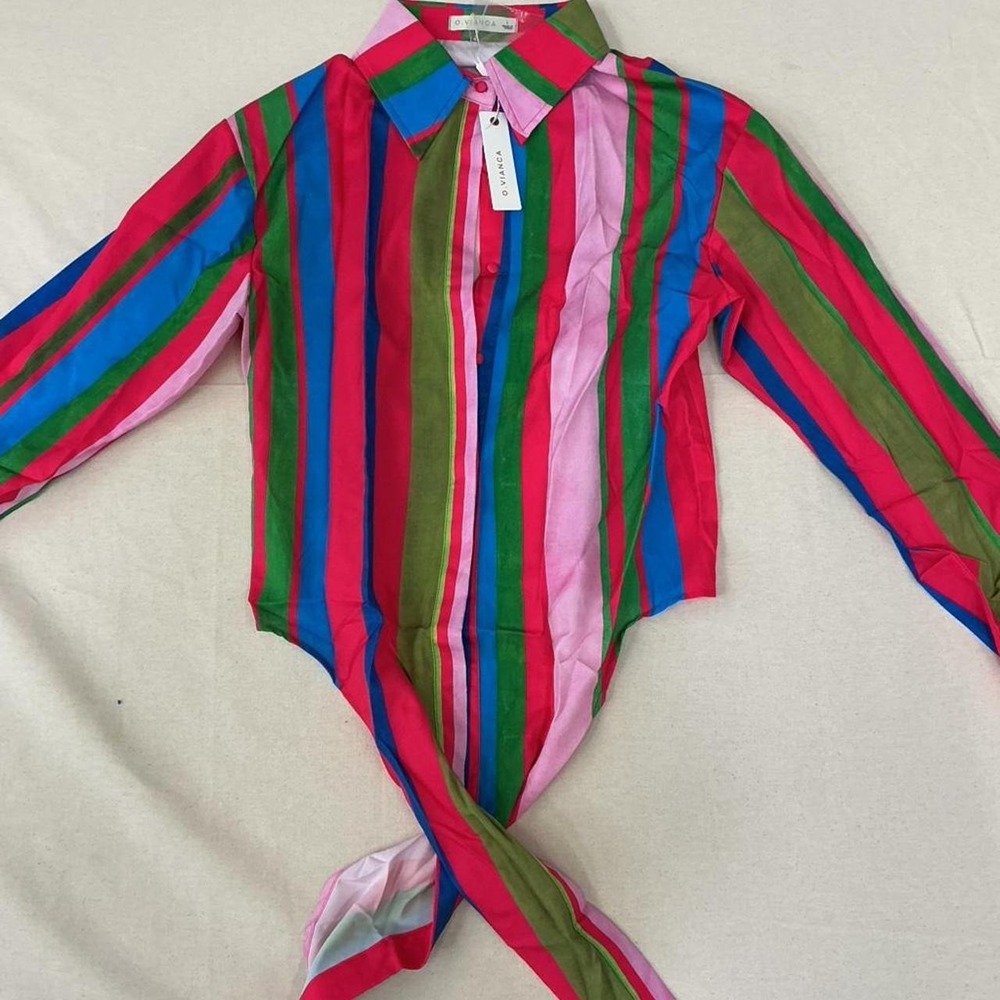 Colorful striped tie-front blouse 🌈✨‎
